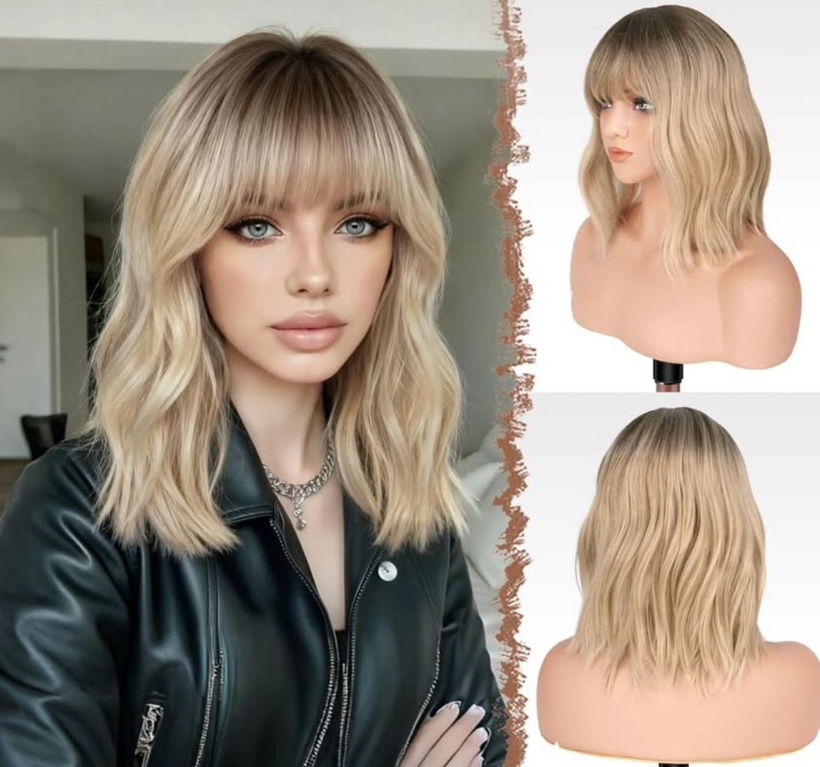 brand new never worn brown blonde bronde ombre 14" inch wavy bouncy wig with bangs