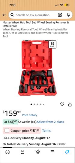 Master Wheel Hub Tool Set, Wheel Bearing Remover & Installer Kit Wheel Bearing Removal Tool, Wheel Bearing Installer Tool, C to U Sizes Back and Front