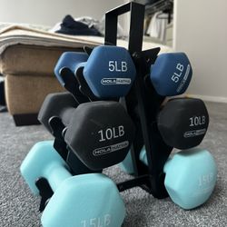 HOLA HATHA Dumbbell Set with Rack (5lb, 10lb, 15lb pairs)