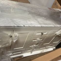 New 60” Sink Bath Vanity in White with White Marble Double Sink Top and Drain