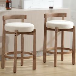 New assembled Mid Century Linen Counter Stools Set of 2, Upholstered 26.5” Seat Height Low Barstools with Natural Wood Legs Round Low Back Kitchen Sto