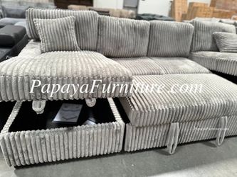 NEW Large Sectional Sofa with TWO STORAGE Left Right CHAISE Lounge Super Plush Fabric bed Pullout Sleeper Gray Fabric Discount Grey BIG Designer SALE