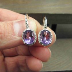Sterling Silver Quality Amethyst And Diamond Chip Earrings Vintage