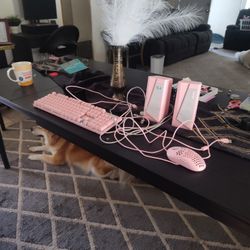 Pink Computer Keyboard, Speakers And Mouse