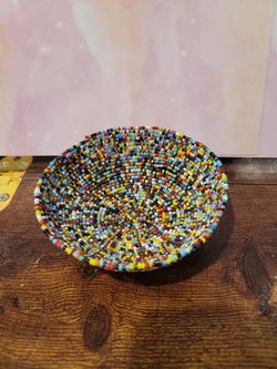 Handmade Colorful Seed-Beaded Wired Dish Bowl 1.5"×4"w A7