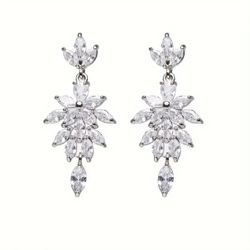 Crystal Leaves Dangle Wedding Earrings with Marquis & Pear CZ in Platinum Silver 