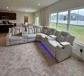 Power recliner sectional with USB BT Speakers, LED Beige color sectional SOFA