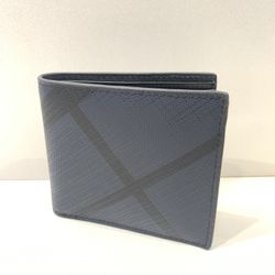 BURBERRY Check-Pattern Leather Slim Wallet Blau Bi Fold 