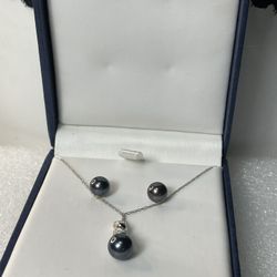 10KT White Gold Freshwater Black Pearl Diamond Necklace & Stud Earrings Jewelry Set 18.5”