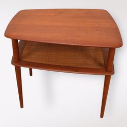 Danish Modern Peter Hvidt Solid Teak Side Table with Cane Shelf 