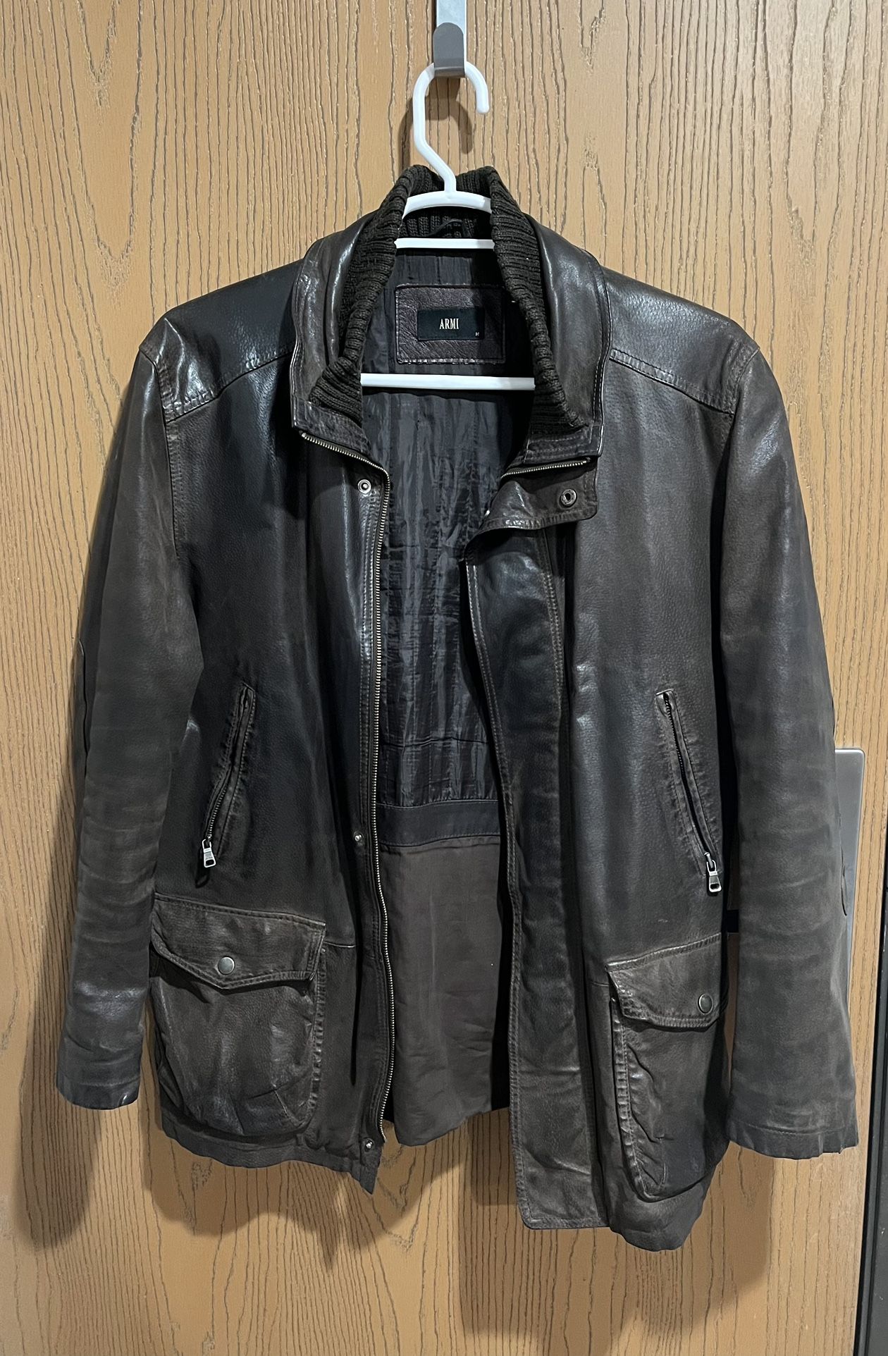 Men’s Leather Coat, by Armi, Distressed Chocolate Leather, Large Pockets, Ribbed Collar, Used.
