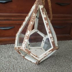 Rustic Geometric Wood & Glass Hanging Lantern 