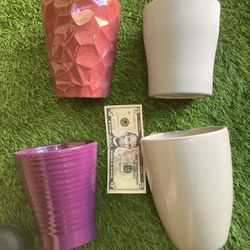 Like New 4 plant pot planters glazed ceramic, red, grey, tpurple, sandstone approx 6” tall x 4” wide