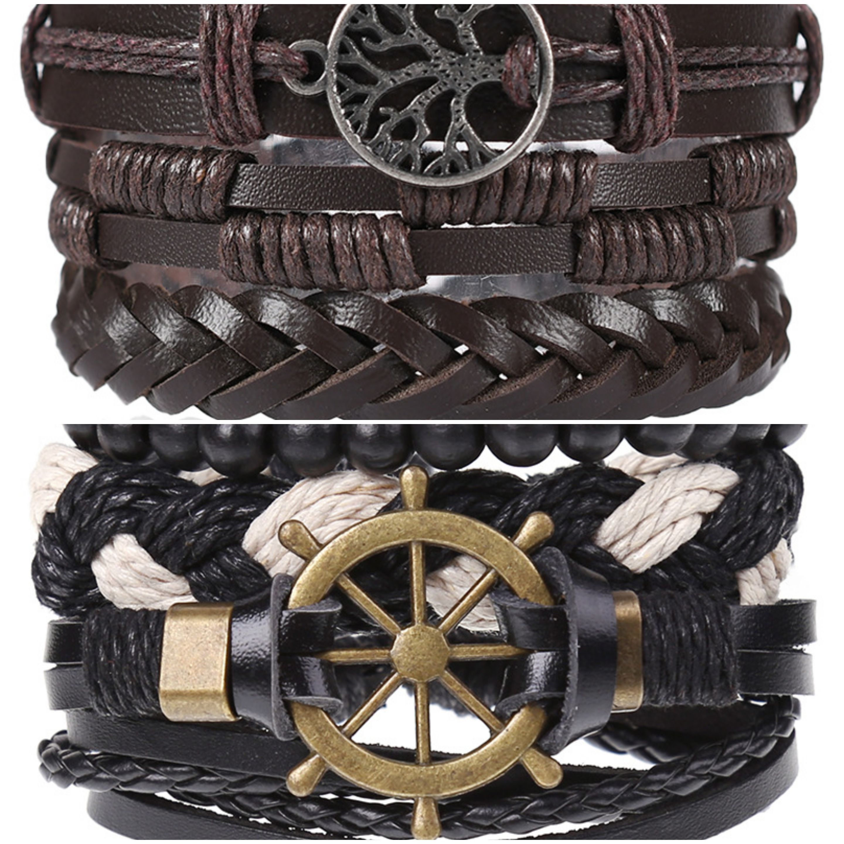 2 x Set Adjust. Size up to 9.5inc Leather Bracelet, Tree of Life (Brown-Ship Rudder)