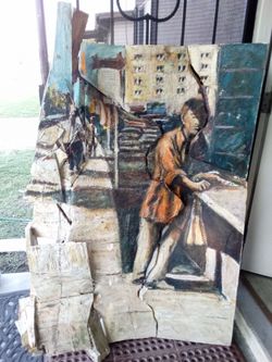 Original Sculptural Oil Painting on Board – Urban Scene