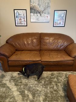 Brown Sofa, Overstuffed Chair And Ottoman