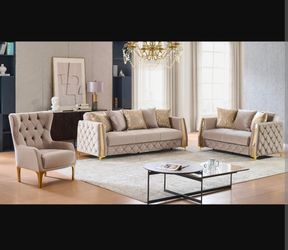 Tufted Velvet Sofa Set with Gold Accents