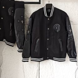 Cross-leather logo, rivet-studded leather sleeve wool baseball jacket L
