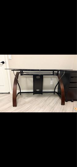 Desk with glass top, keyboard shelf