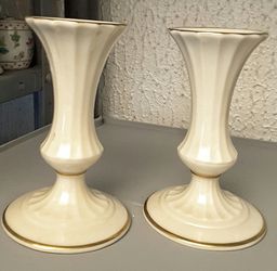 Lenox fluted tall 5.5" x 3.5" D base candlestick pair no damage ! Signed! 24kt gold accents