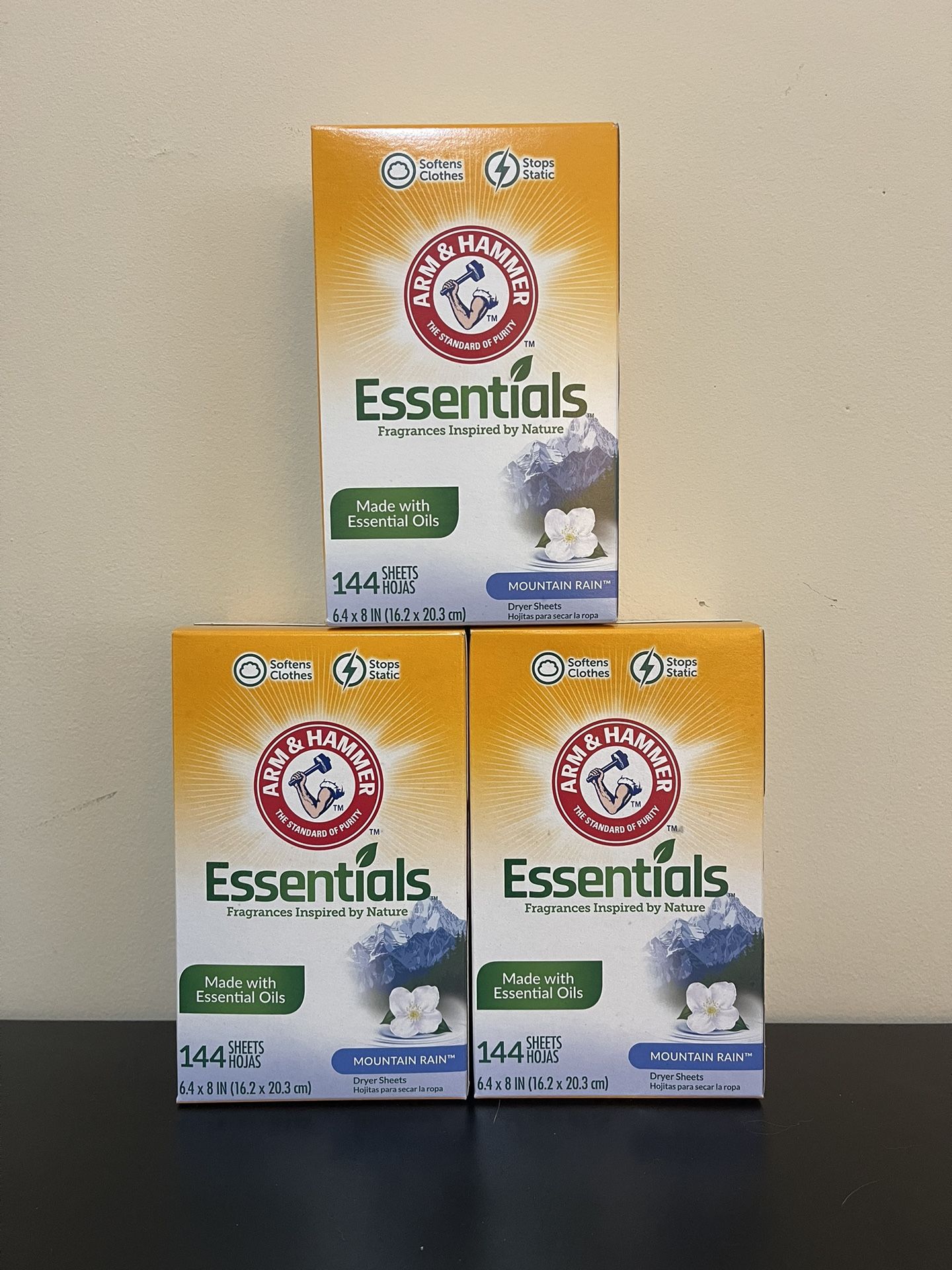 3pack Arm & Hammer Essentials Mountain Rain Fabric Softener Sheets, 144 Count