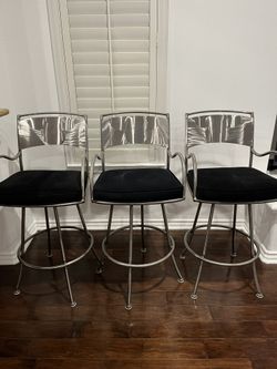 3 Excellent Condition High End Pewter/Suede Swivel Barstools 