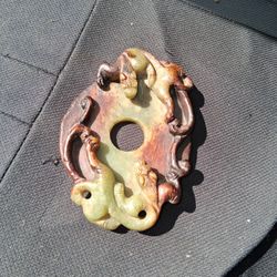 ANTIQUE 5.5" JADE CARVED Circular  Artifact Dragons