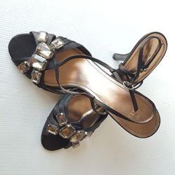 ZARA Women's Beaded Heels Black Satin Sandals X-crossed Buckled Ankle Strap Size 8.5-9 (40)