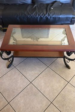 Wood and Glass Coffee Table with Iron Legs