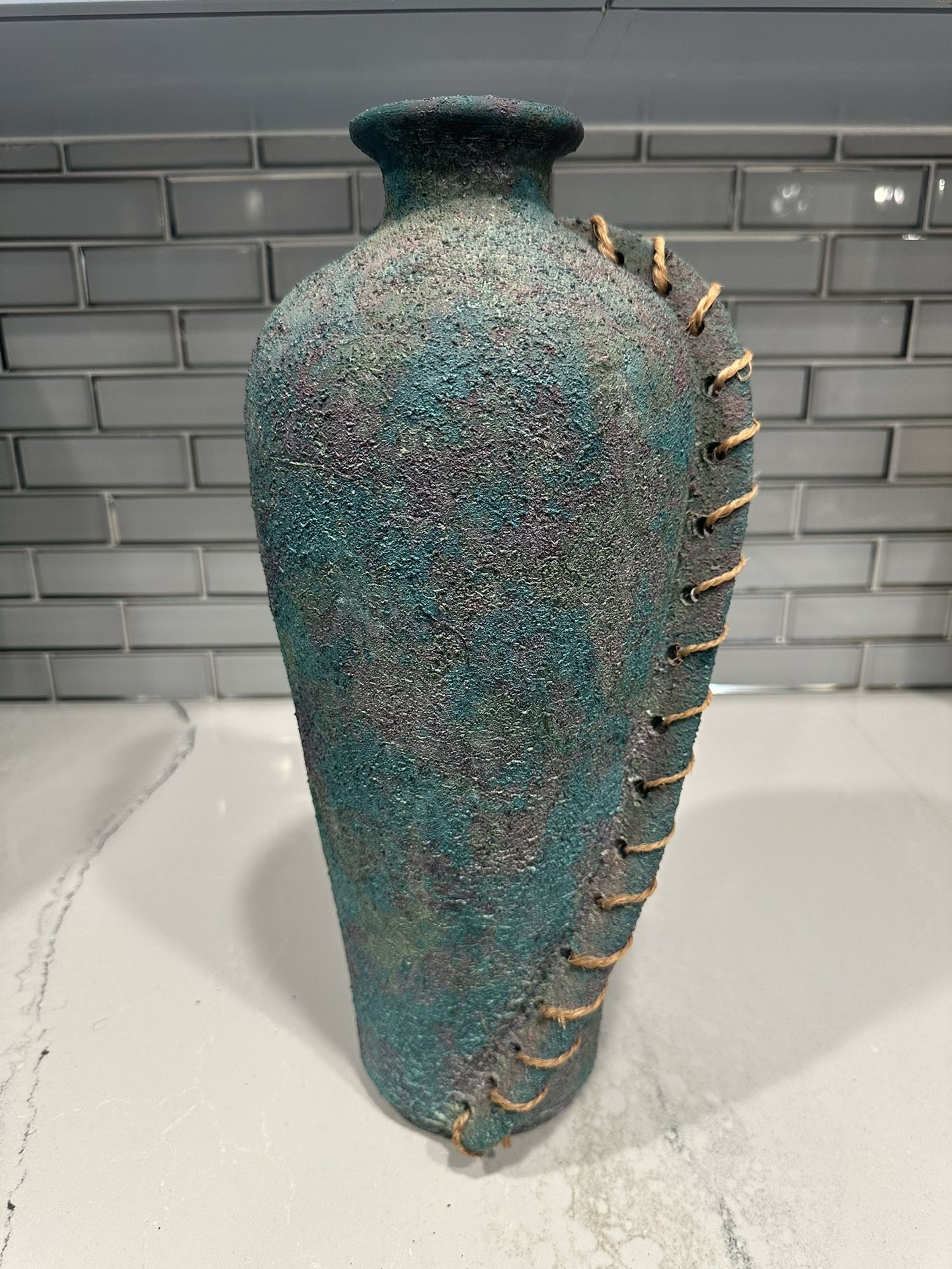 Unique Coarse Teal Clay Vase With Twine Stitched Seam 16”