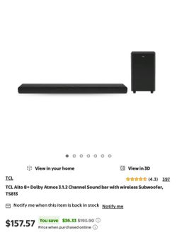TCL Alto 8+ Dolby Atmos 3.1.2 Channel Sound bar with wireless Subwoofer, TS813