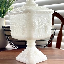 *VINTAGE* Milk Glass Wedding Cake Dish - Candy Dish - Bowl - Grape Leaf Pattern