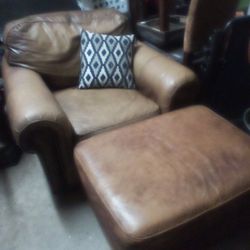 Brown Leather Chair with Ottoman. No Rips, Tears Or Otherwise