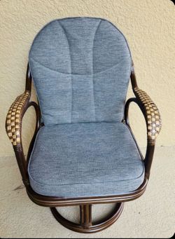 Swivel Rattan Chair w/ Gray Cushions NEW $60- 34”H x 21” W Measurements in pics