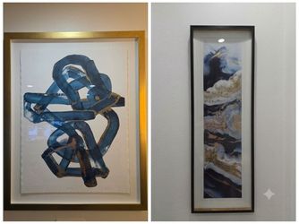 Matching Set of 2 Framed Modern Abstract Prints (Blue & Gold)