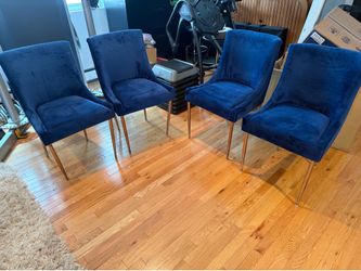 4 Dining Room Chairs -Blue Velvet Gold Tone Legs