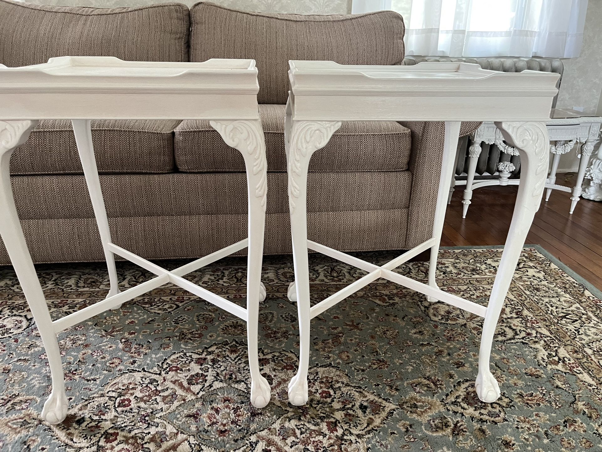 Two White End Tables Hollywood Regency
