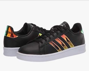 Adidas Grand Court Women’s Sneakers – Size 7.5 – Black with Iridescent Stripes