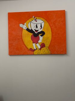 Cuphead Character Canvas Wall Art Painting, Orange Background, Animation Theme