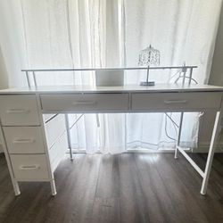 Modern White Desk With Drawers And Top Shelf 