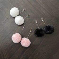 3 pair-Black/White/Pink Faux fur pom pom earrings with gold chain