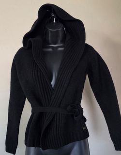 Black Hooded Wrap Knit Cardigan with Belt
