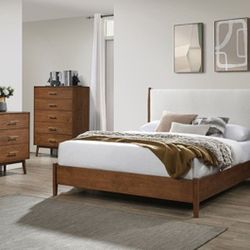 Brand New Walnut & Beige Mid Century Modern Style 4pc Queen Bedroom Set (Available In Eastern King)