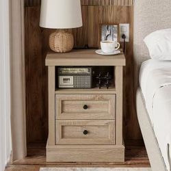 COZAYH Farmhouse Nightstand with Charging Station, Vintage Bedside Table Featuring Outlet & USB Ports, 2 Drawers and Open Shelf - Natural Oak