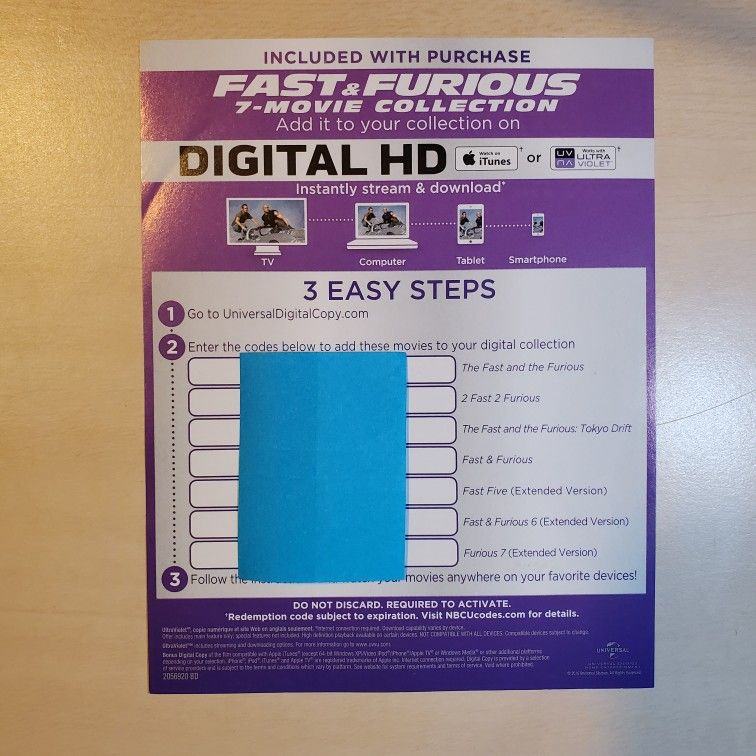 HD FAST AND FURIOUS 7 MOVIE COLLECTION DIGITAL CODE 