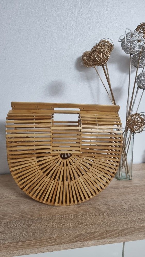 Vintage Half Moon Rattan Clutch Handbag 1970s Bamboo Top Handle Cage Bag Boho
