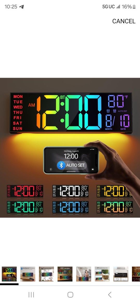 16.2" Large Digital Wall Clock with Bluetooth Sync, Alarm, Big LED, 8 RGB Color, Auto DST, Temperature