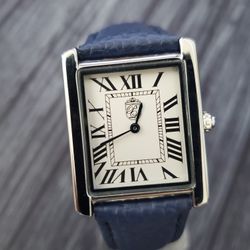 Pierre Lucerne 1888 Must Tank Style Swiss Inspired Classic Mens Watch Blue Band