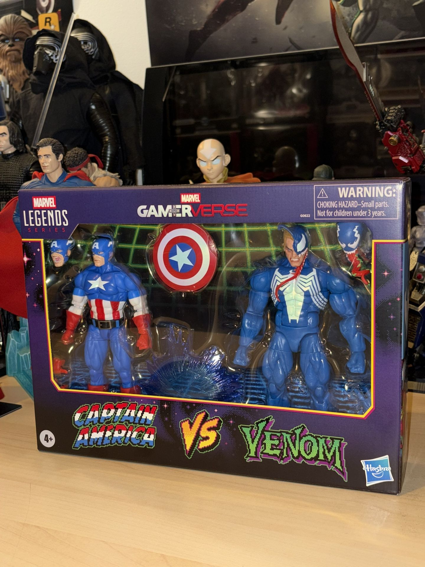 Marvel legends series, game rverse Captain America v s. venom action figures.