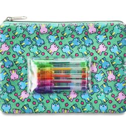 Velvety Soft Frog Zippered Pouch With Mini Pens